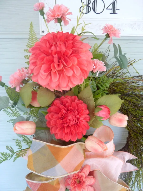 Coral Summer wreath, Spring Wreaths, French Country decor