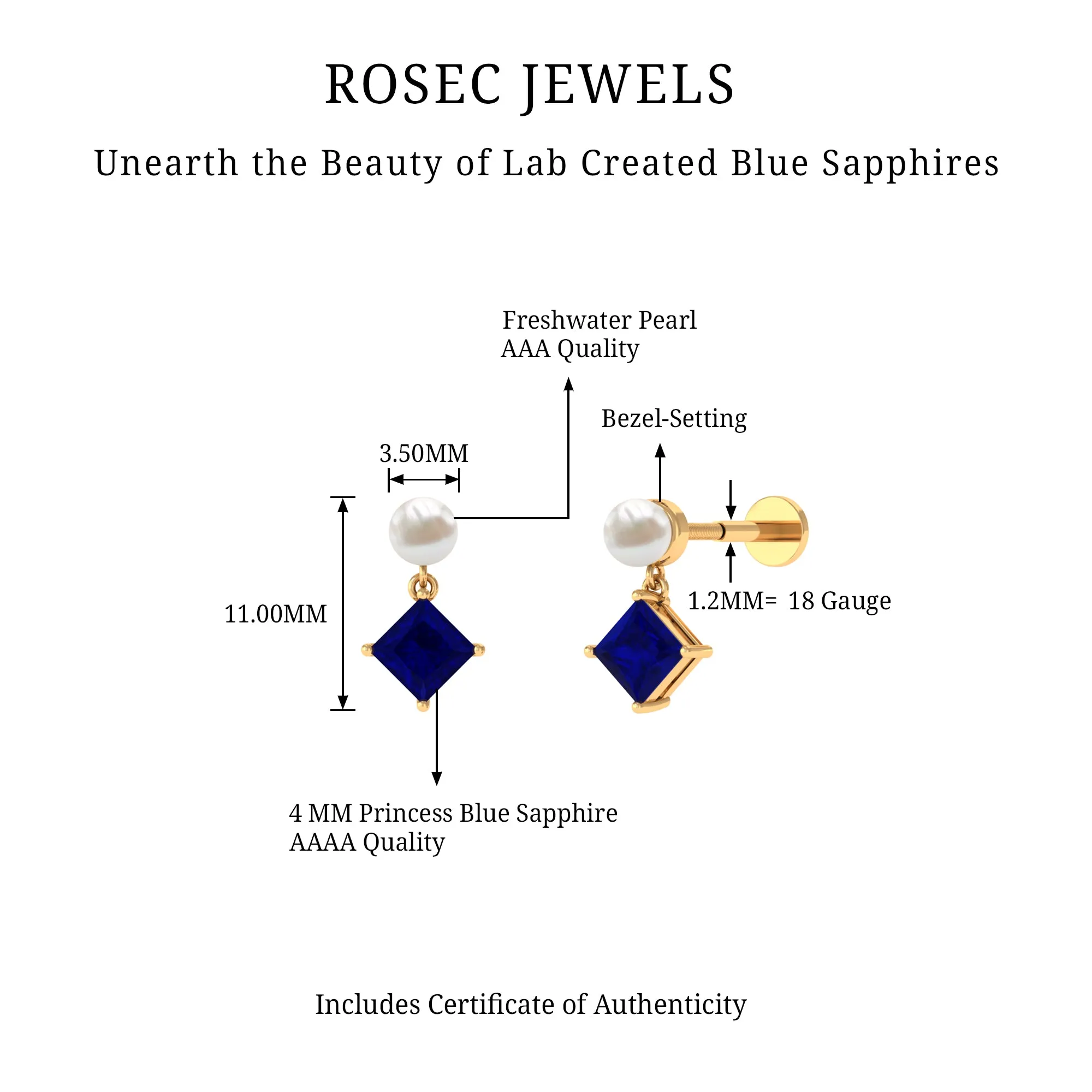 Created Blue Sapphire and Freshwater Pearl Cartilage Earring