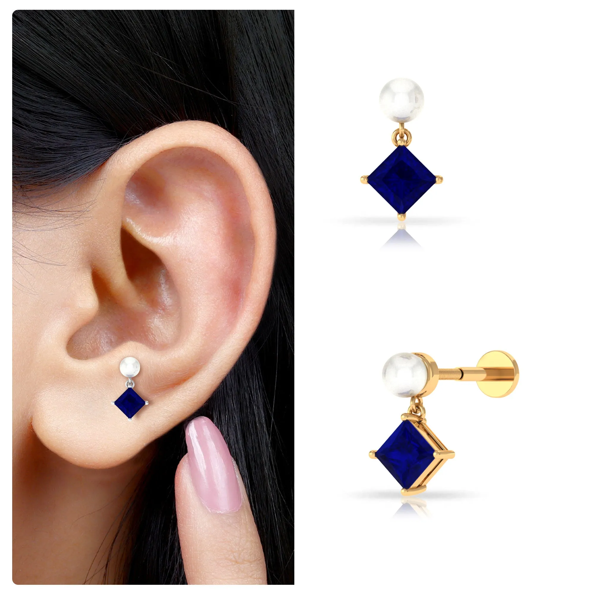 Created Blue Sapphire and Freshwater Pearl Cartilage Earring