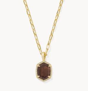 Daphne Gold Pave Frame Short Pendant Necklace in Smoky Quartz