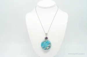 Designer Large Blue Mojave Turquoise Amethyst Sterling Silver Necklace