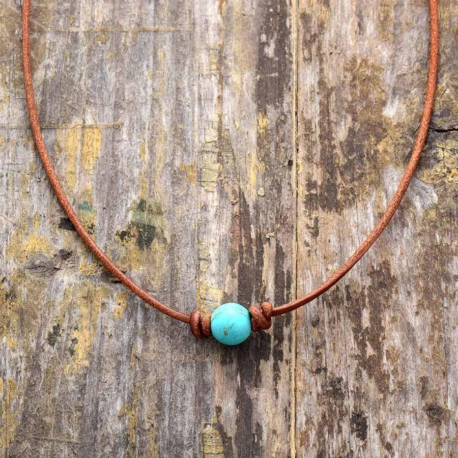 'Dhandaa' Leather Choker Necklace - Turquoise, Rose Quartz, Howlite