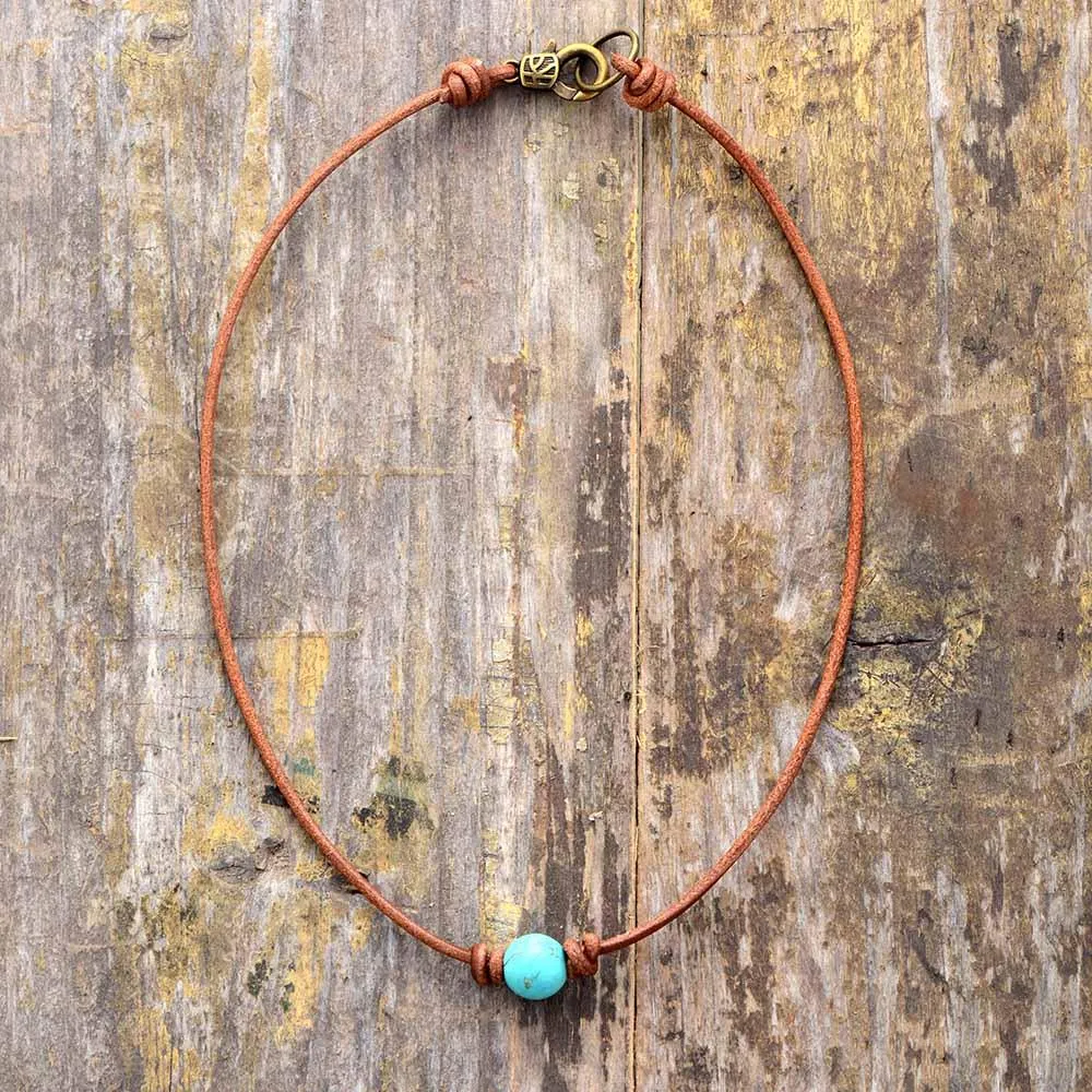 'Dhandaa' Leather Choker Necklace - Turquoise, Rose Quartz, Howlite