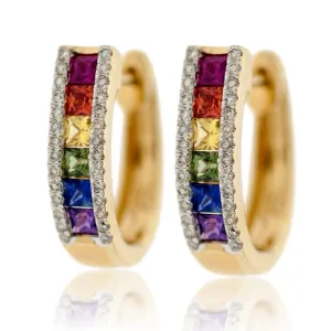 Diamond Lined Rainbow Sapphire Hoop Earrings