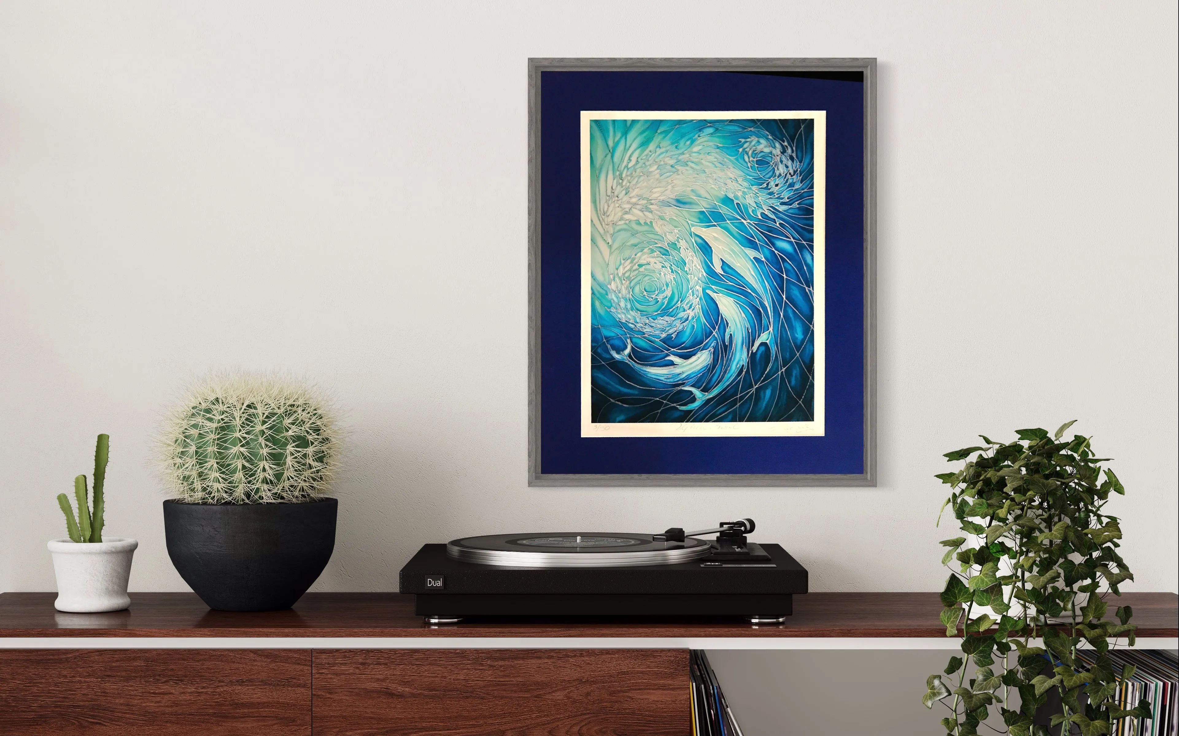 Dolphin Swirl Signed Print - Sea Life Art Print - Blue Aqua Dolphin Print - Bathroom Art