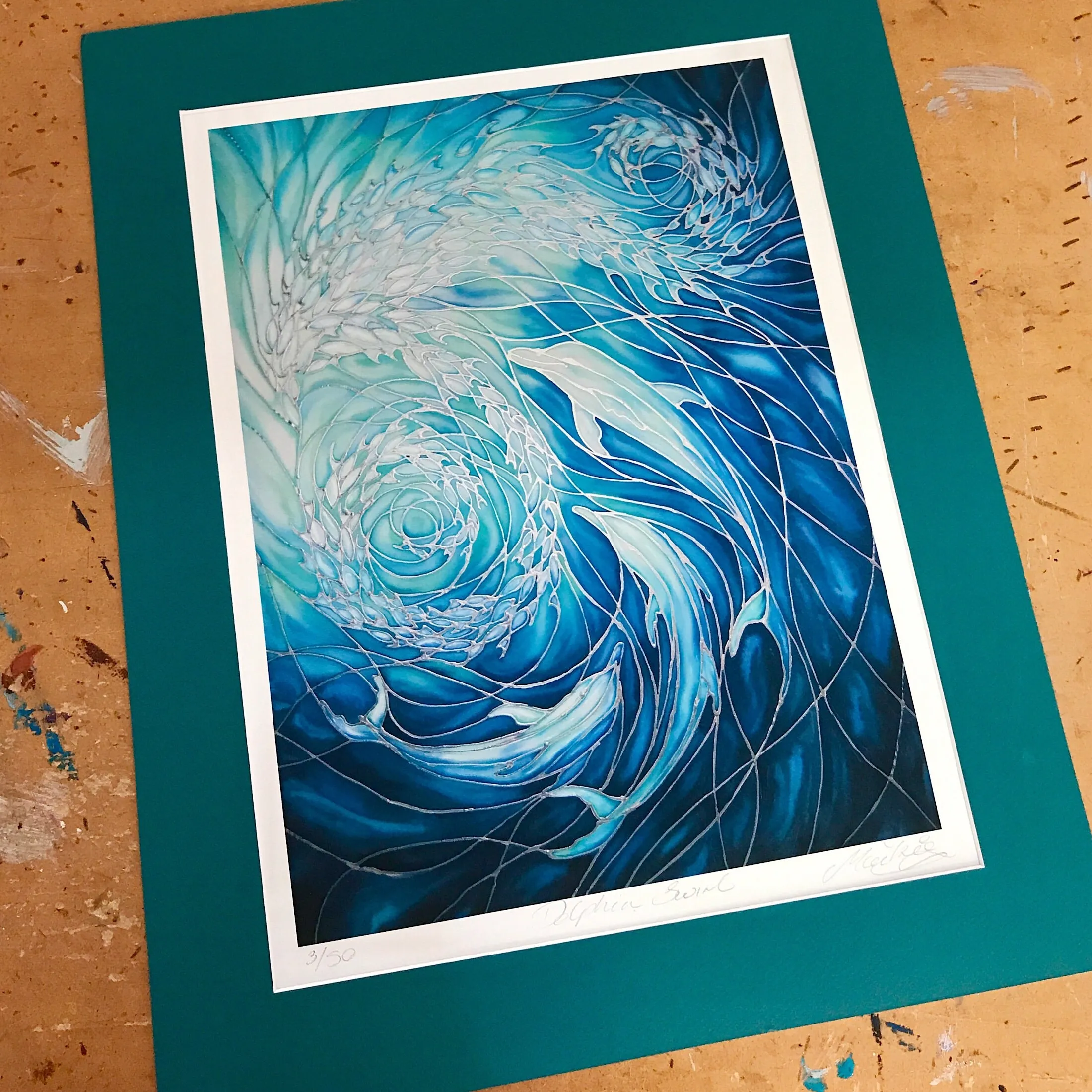 Dolphin Swirl Signed Print - Sea Life Art Print - Blue Aqua Dolphin Print - Bathroom Art