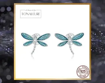 Dragonfly Ring and Earrings Fine 925 Sterling Silver  Enamel and CZ