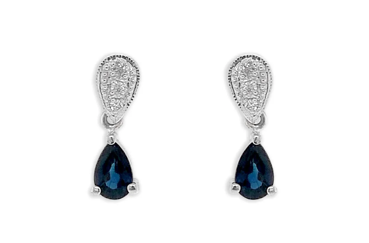 Earrings 18kt Gold Blue Sapphire Pear & Diamonds