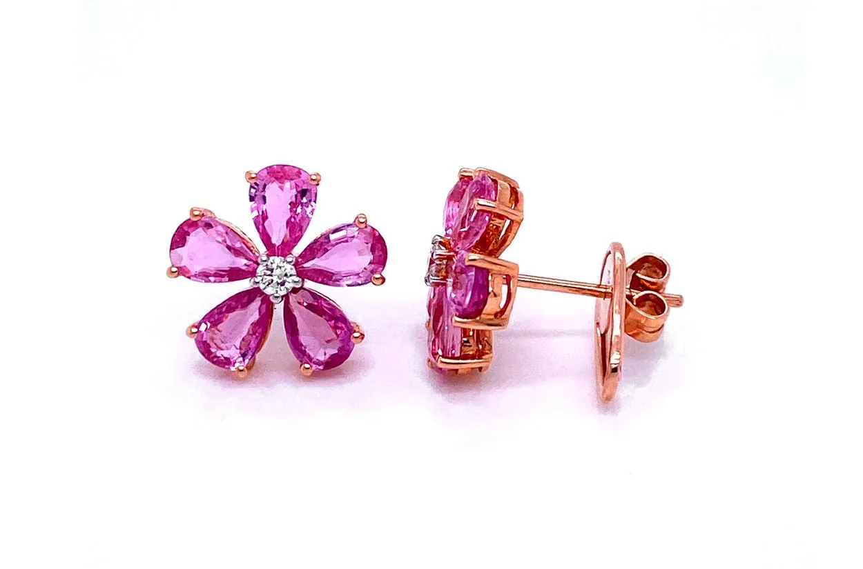 Earrings Flowers 18kt Gold Pink Sapphire & Diamonds