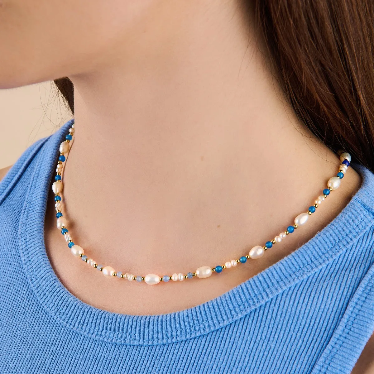 Eliza Pearl Blue Bead Necklace