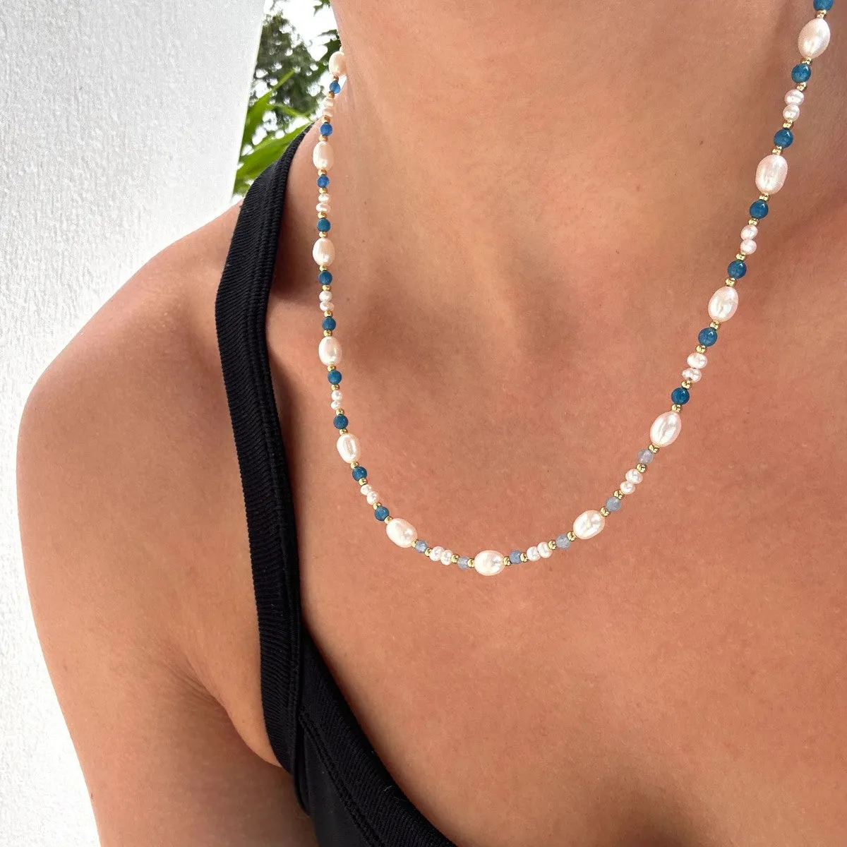 Eliza Pearl Blue Bead Necklace