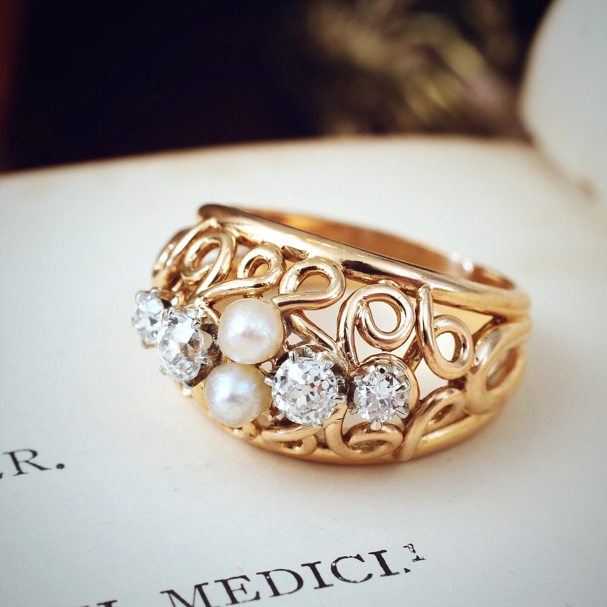 Extravagant Vintage Diamond & Pearl Boule Cocktail Ring