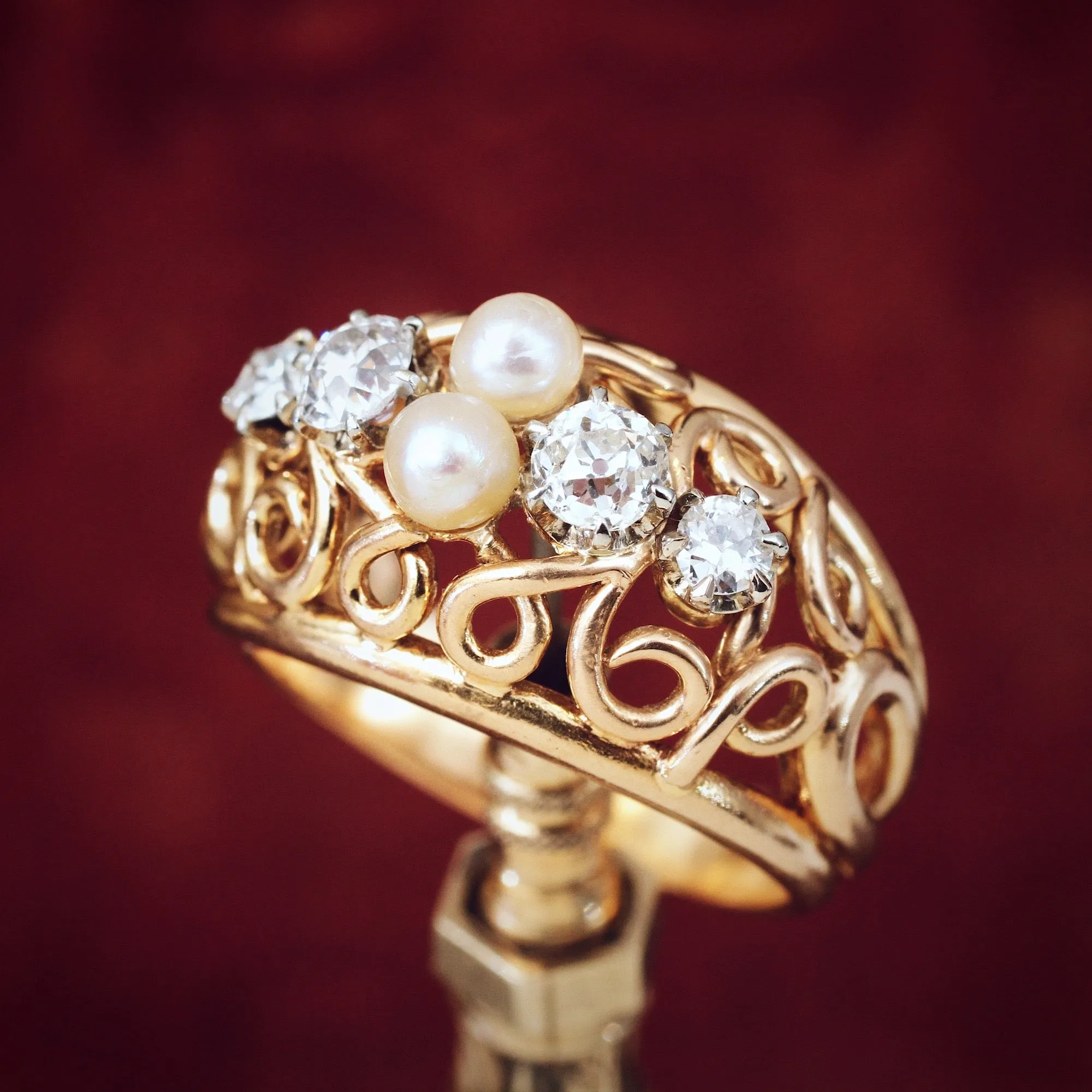 Extravagant Vintage Diamond & Pearl Boule Cocktail Ring