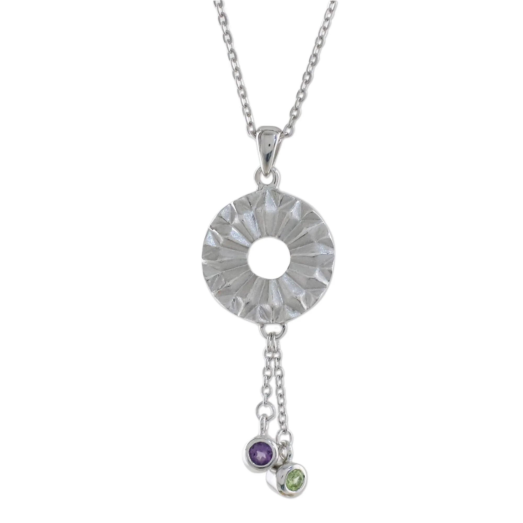 Facet Fascination Amethyst and Peridot Sterling Silver Circle Pendant Necklace