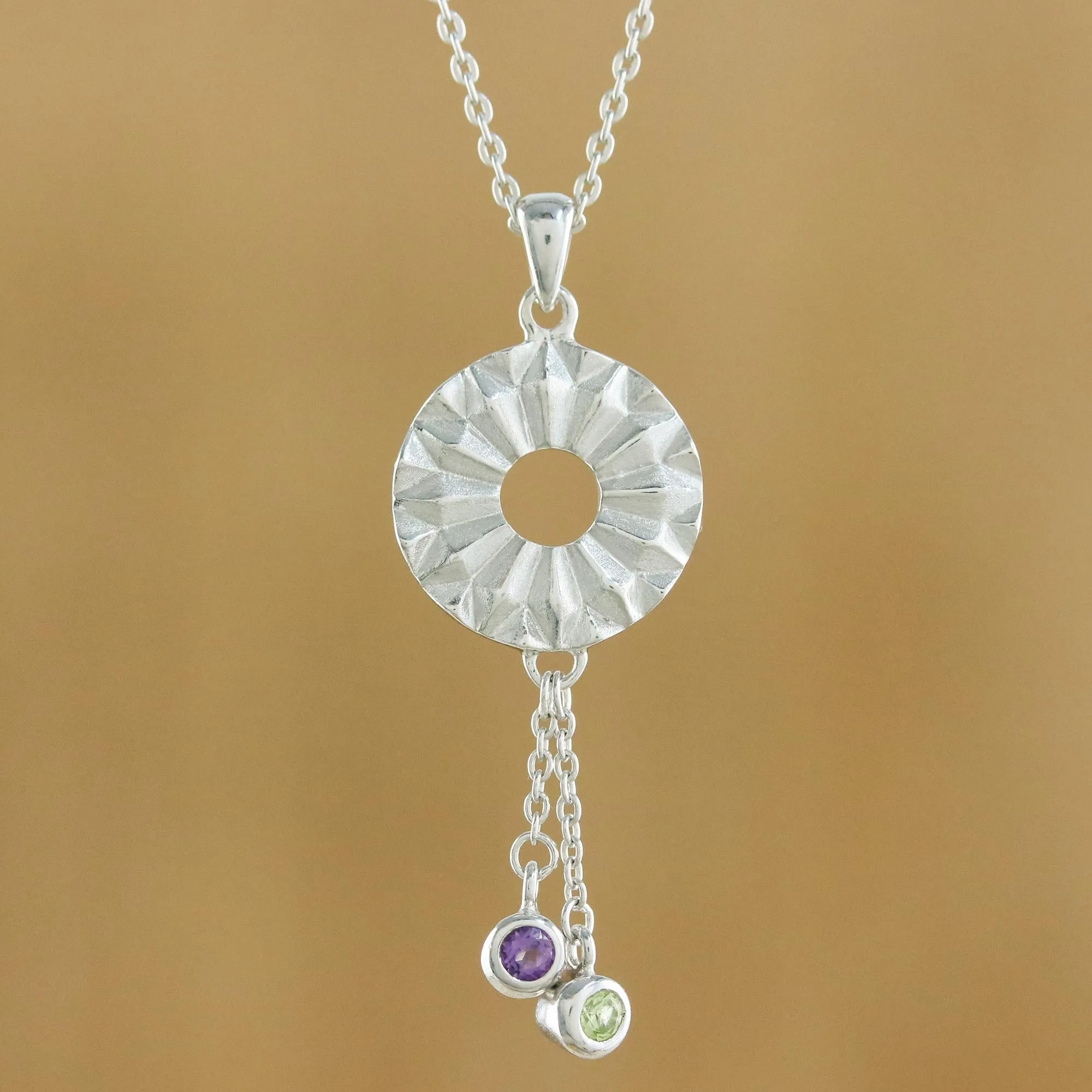 Facet Fascination Amethyst and Peridot Sterling Silver Circle Pendant Necklace