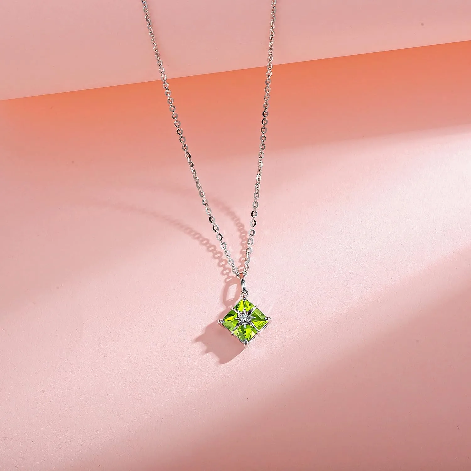 FANCIME "Princess Dream" Peridot August Square Gemstone Sterling Silver Necklace