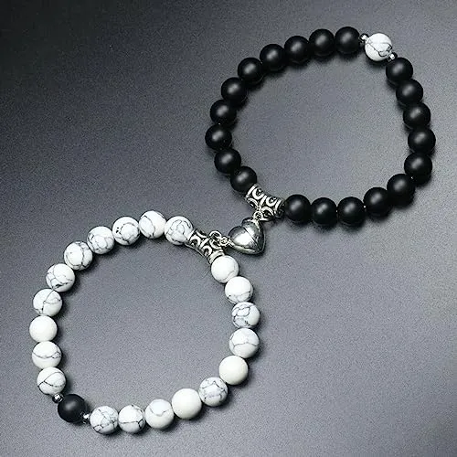 Fashion Frill Stylish Couple Bracelets Black & White Natural Stone Onyx Stretchable Wrist Band Heart Magnetic Bracelet For Women Men Boys Girls Love Gifts Friendship Bracelets