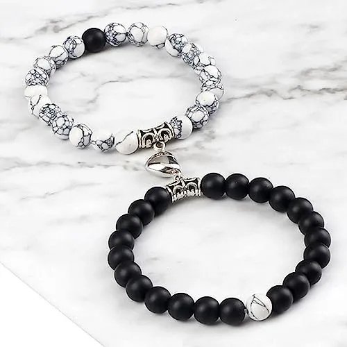 Fashion Frill Stylish Couple Bracelets Black & White Natural Stone Onyx Stretchable Wrist Band Heart Magnetic Bracelet For Women Men Boys Girls Love Gifts Friendship Bracelets