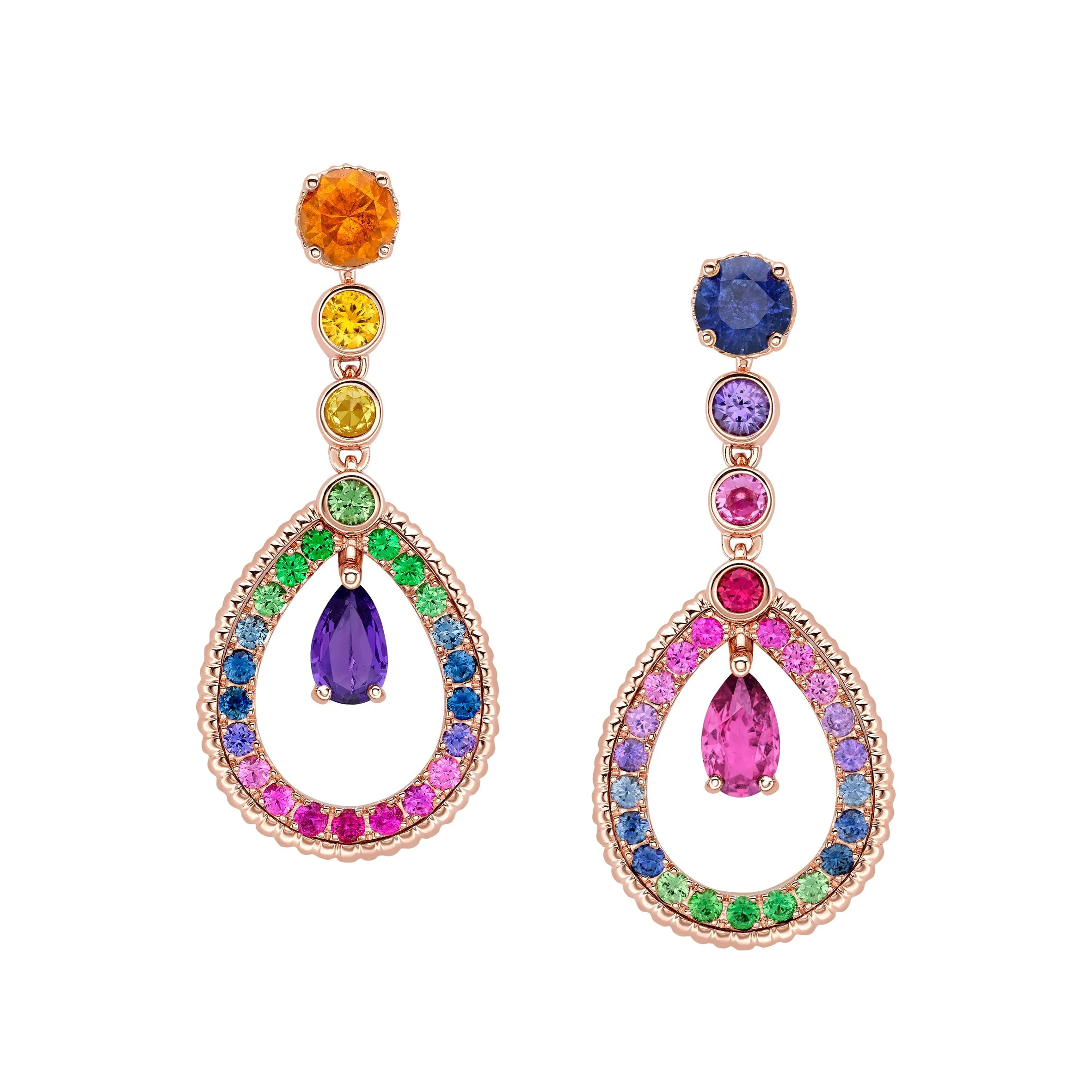 FColours of Love 18ct Rose Gold Amethyst Pink Sapphire Rainbow Tear Drop Earrings