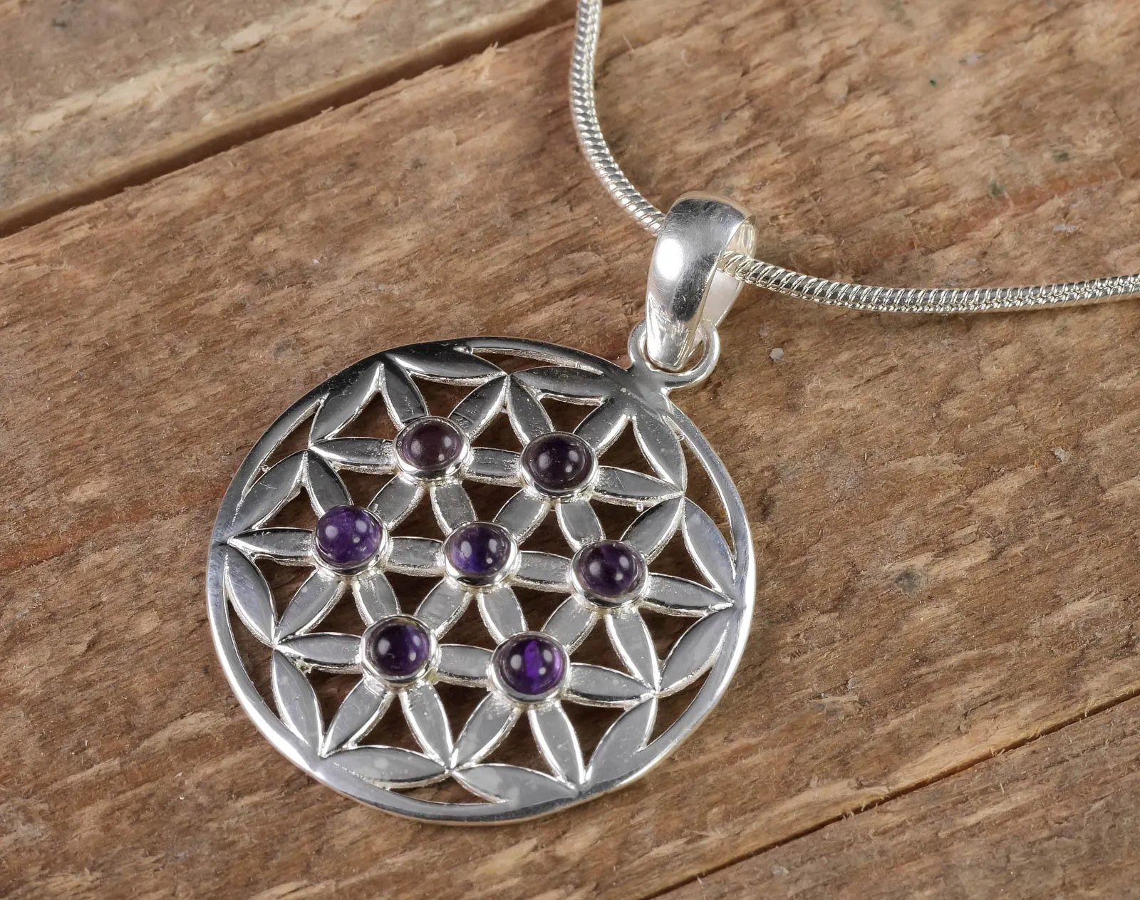 Flower of Life, AMETHYST Crystal Pendant -  Silver Pendant, Sacred Geometry, Healing Crystals and Stones, E1111