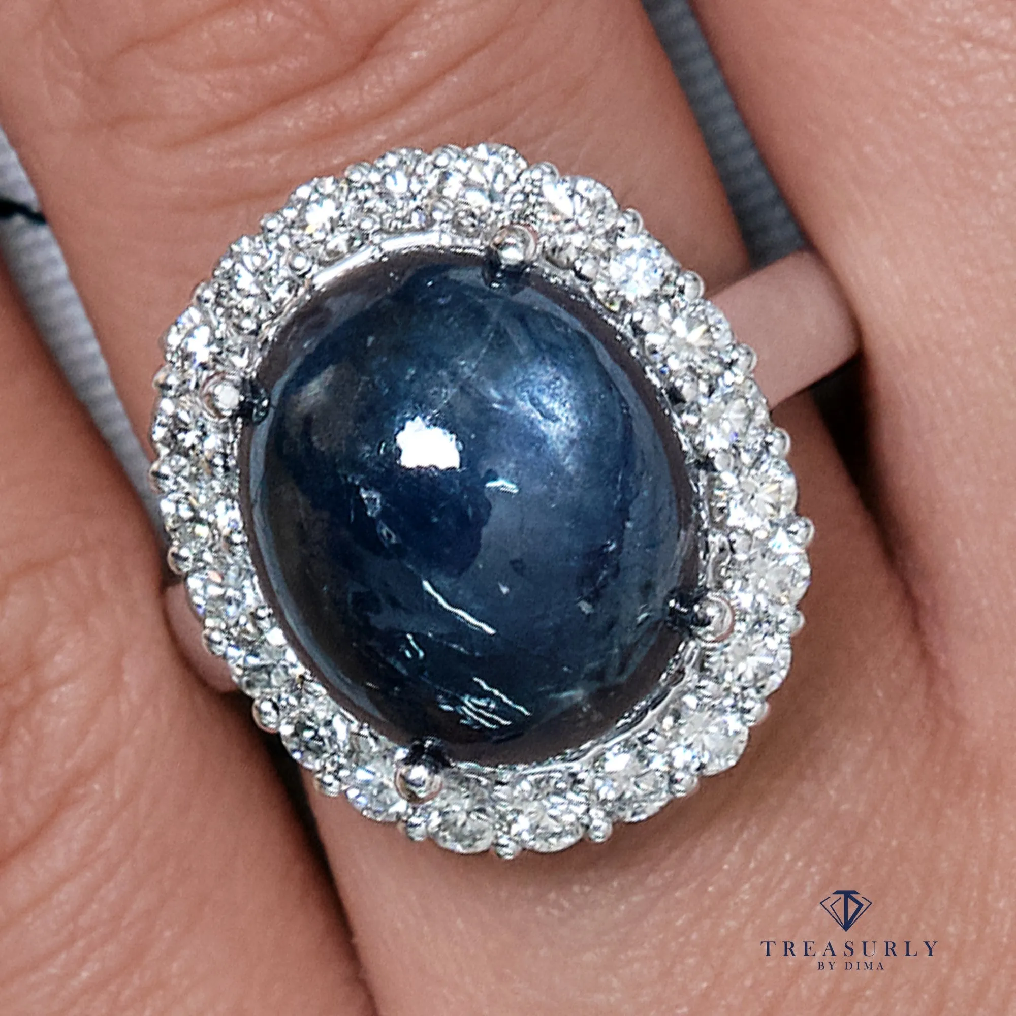 GIA 15.27ct Vintage Estate Blue Cabochon Sapphire Diamonds Cluster Dinner Ring