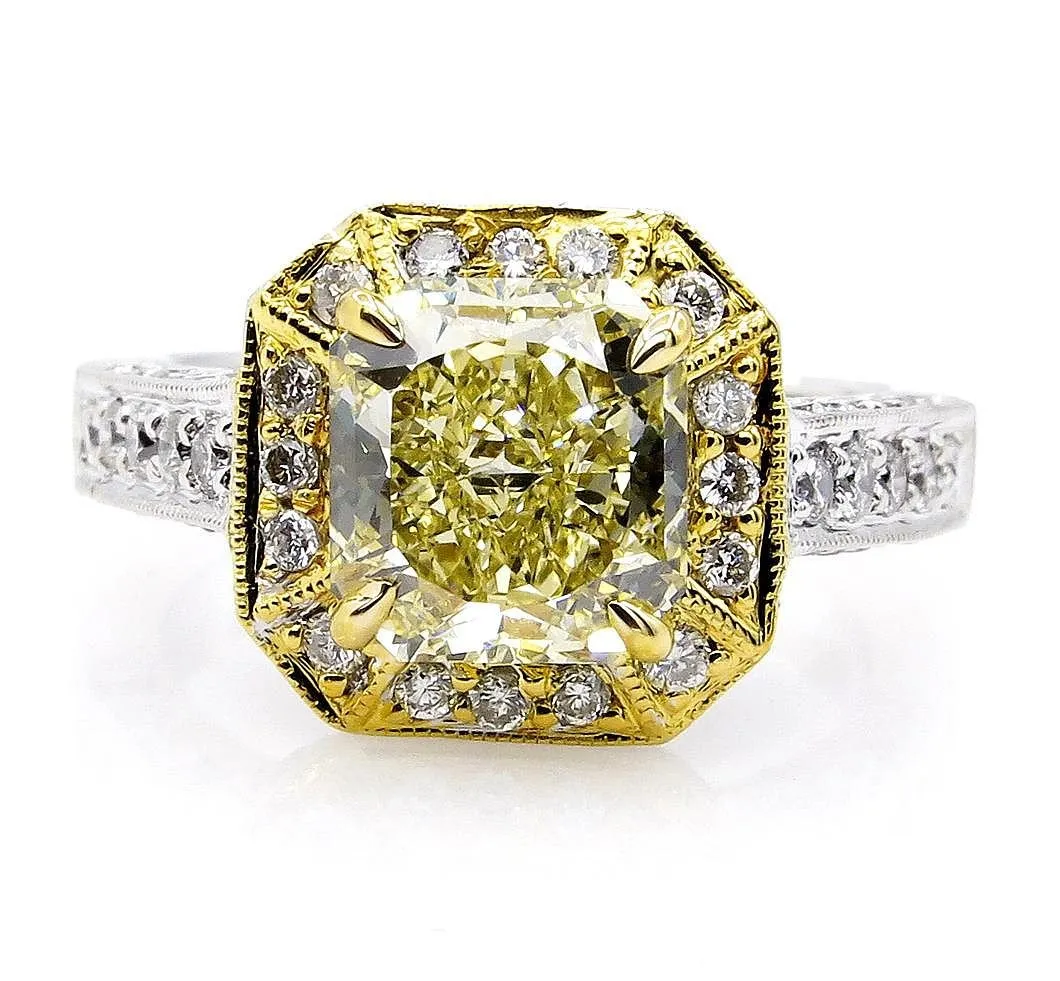 GIA 2.74ctw Estate Vintage Natural Fancy Yellow Radiant Diamond Engagement Wedding Ring