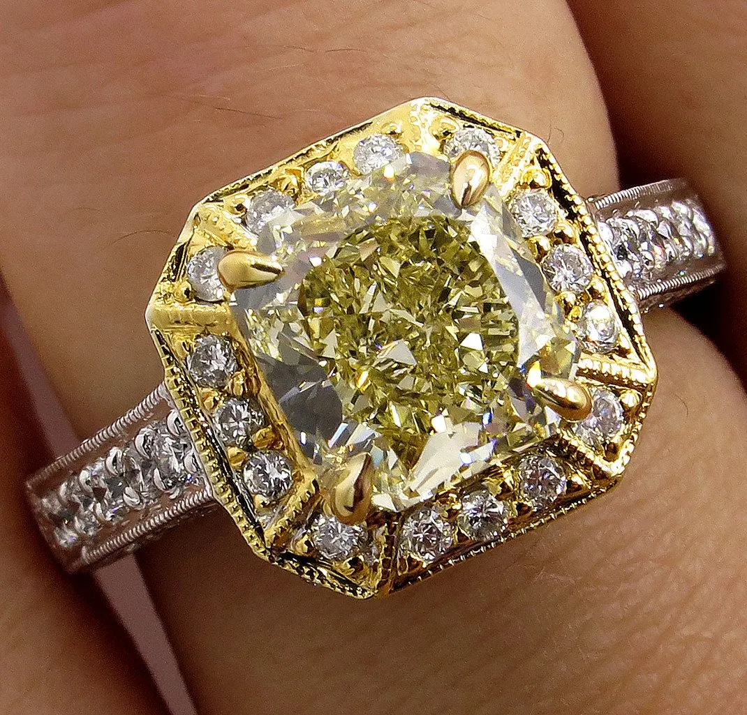 GIA 2.74ctw Estate Vintage Natural Fancy Yellow Radiant Diamond Engagement Wedding Ring