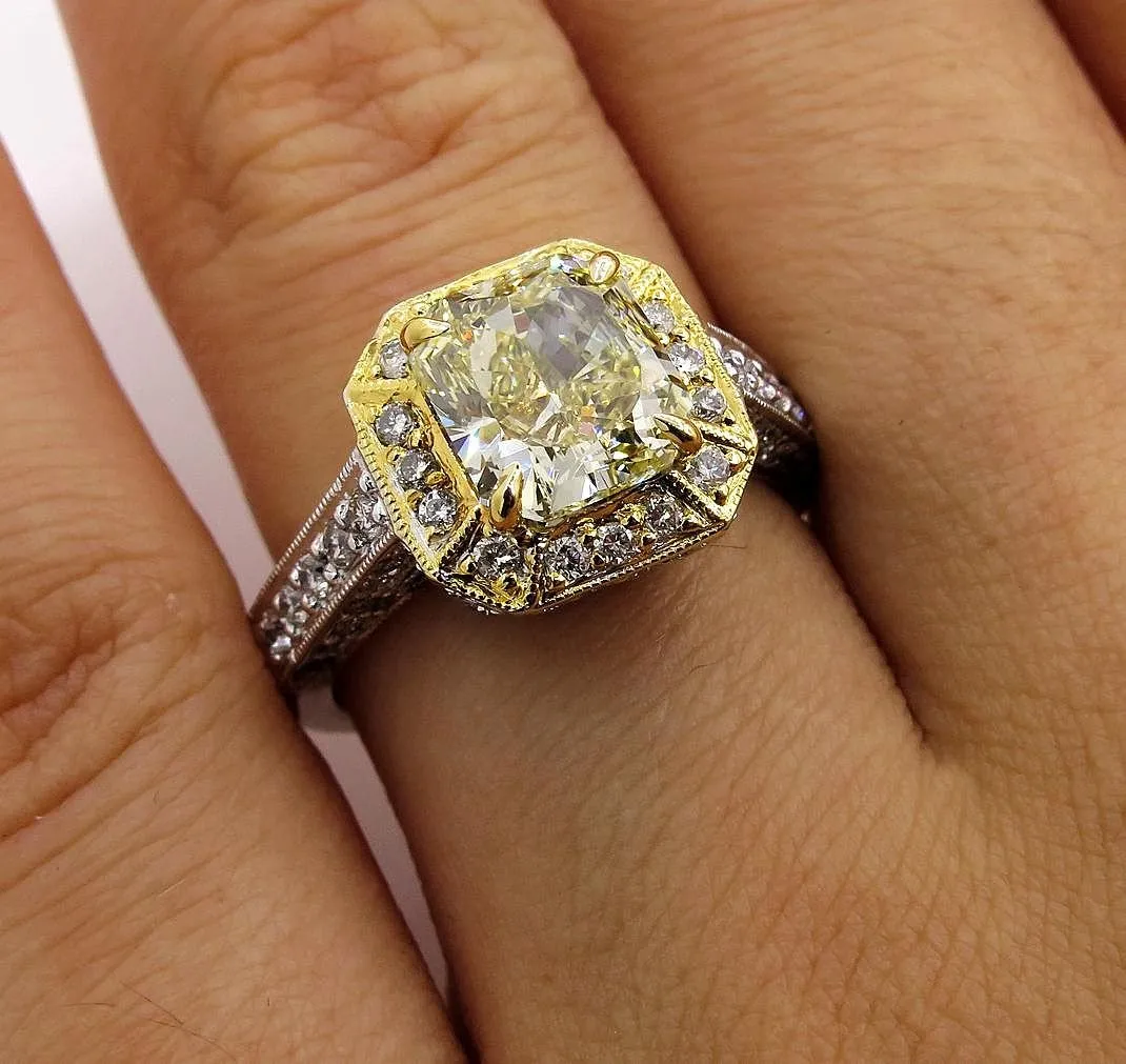 GIA 2.74ctw Estate Vintage Natural Fancy Yellow Radiant Diamond Engagement Wedding Ring