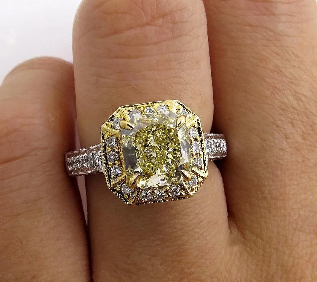 GIA 2.74ctw Estate Vintage Natural Fancy Yellow Radiant Diamond Engagement Wedding Ring