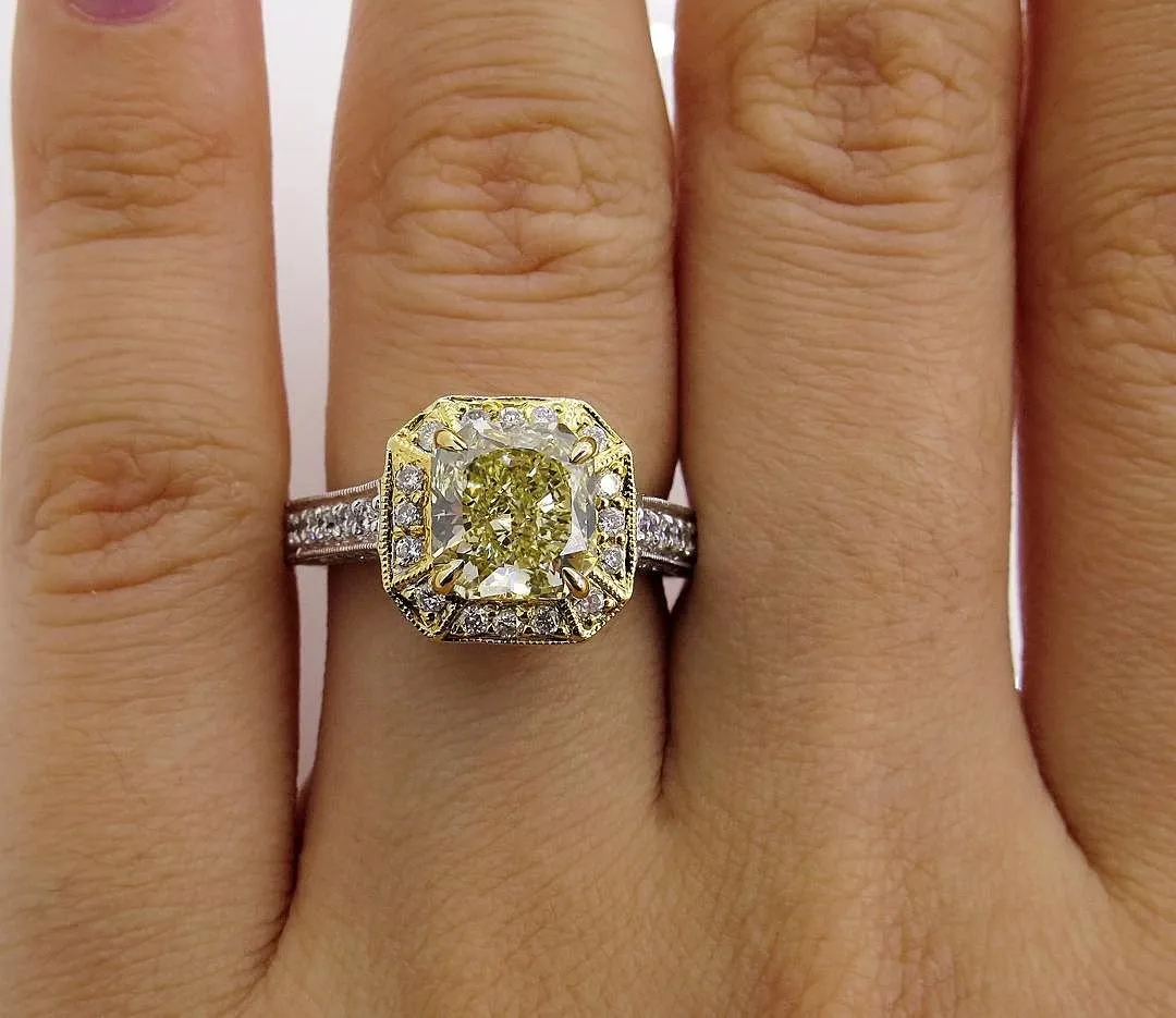 GIA 2.74ctw Estate Vintage Natural Fancy Yellow Radiant Diamond Engagement Wedding Ring