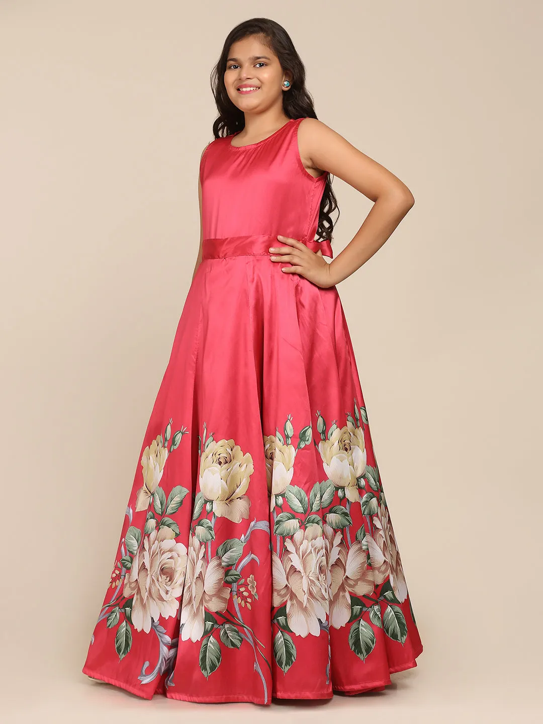 Girl's Coral Pink Digital Print Gown - Bitiya By Bhama