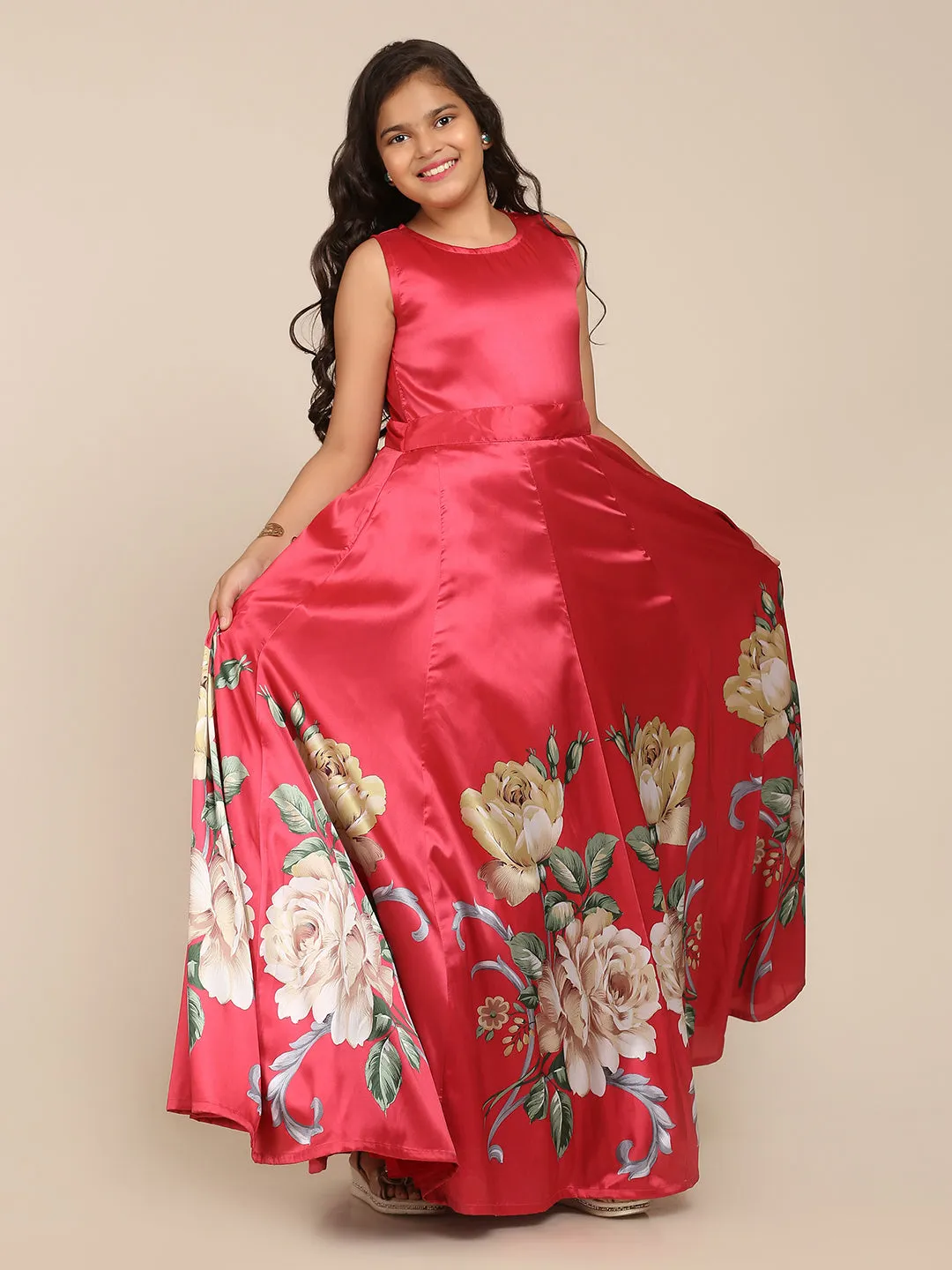 Girl's Coral Pink Digital Print Gown - Bitiya By Bhama