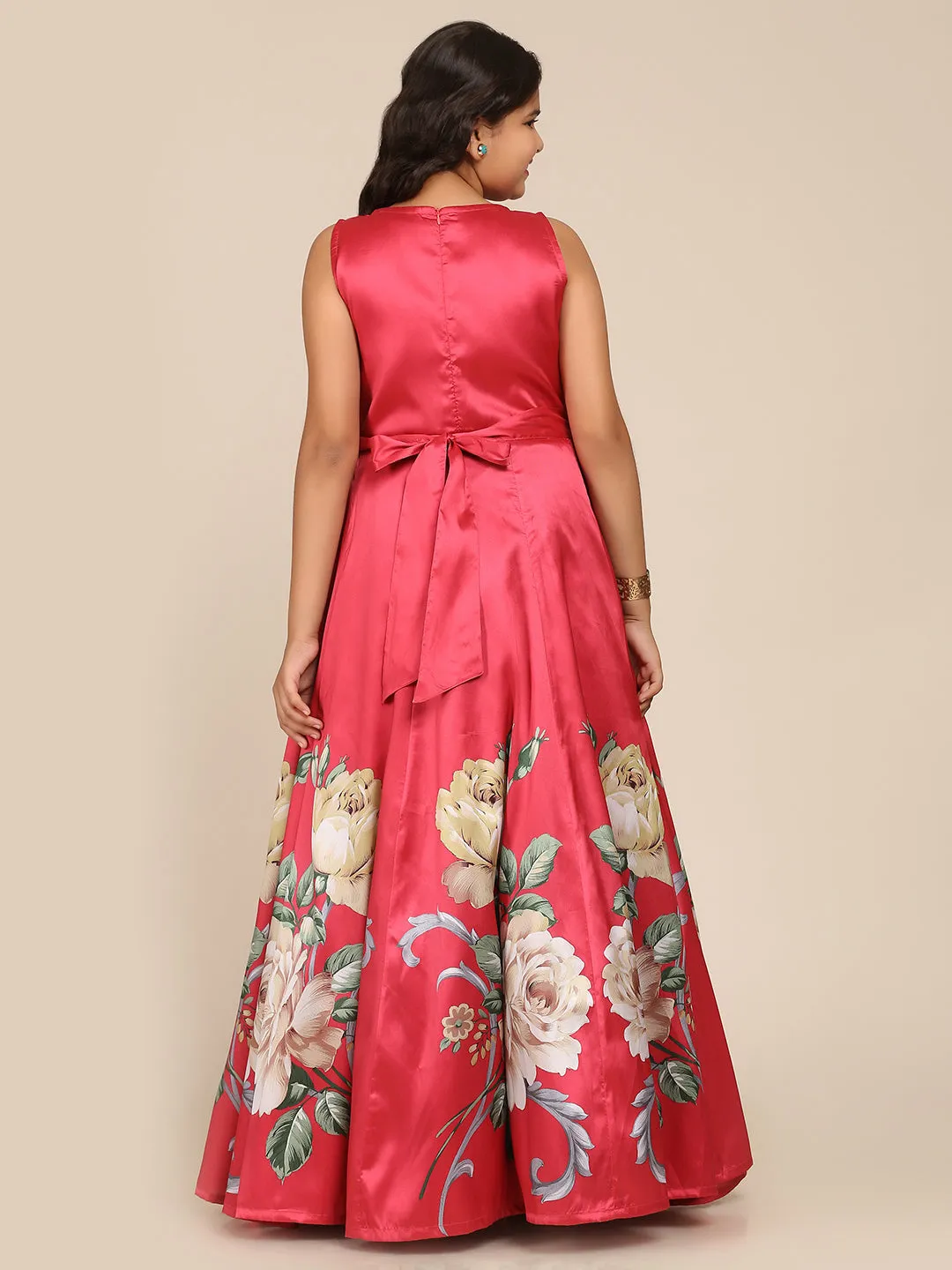 Girl's Coral Pink Digital Print Gown - Bitiya By Bhama