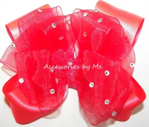 Glitzy Bright Coral Organza Satin Hair Bow