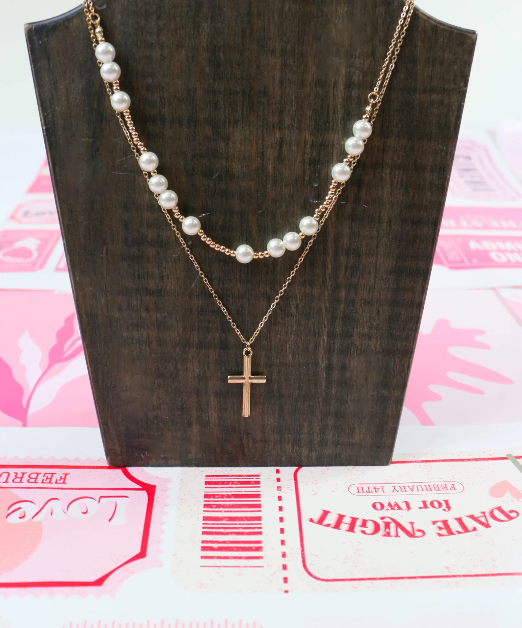 Gold & Pearl Beaded Layered Cross Necklace