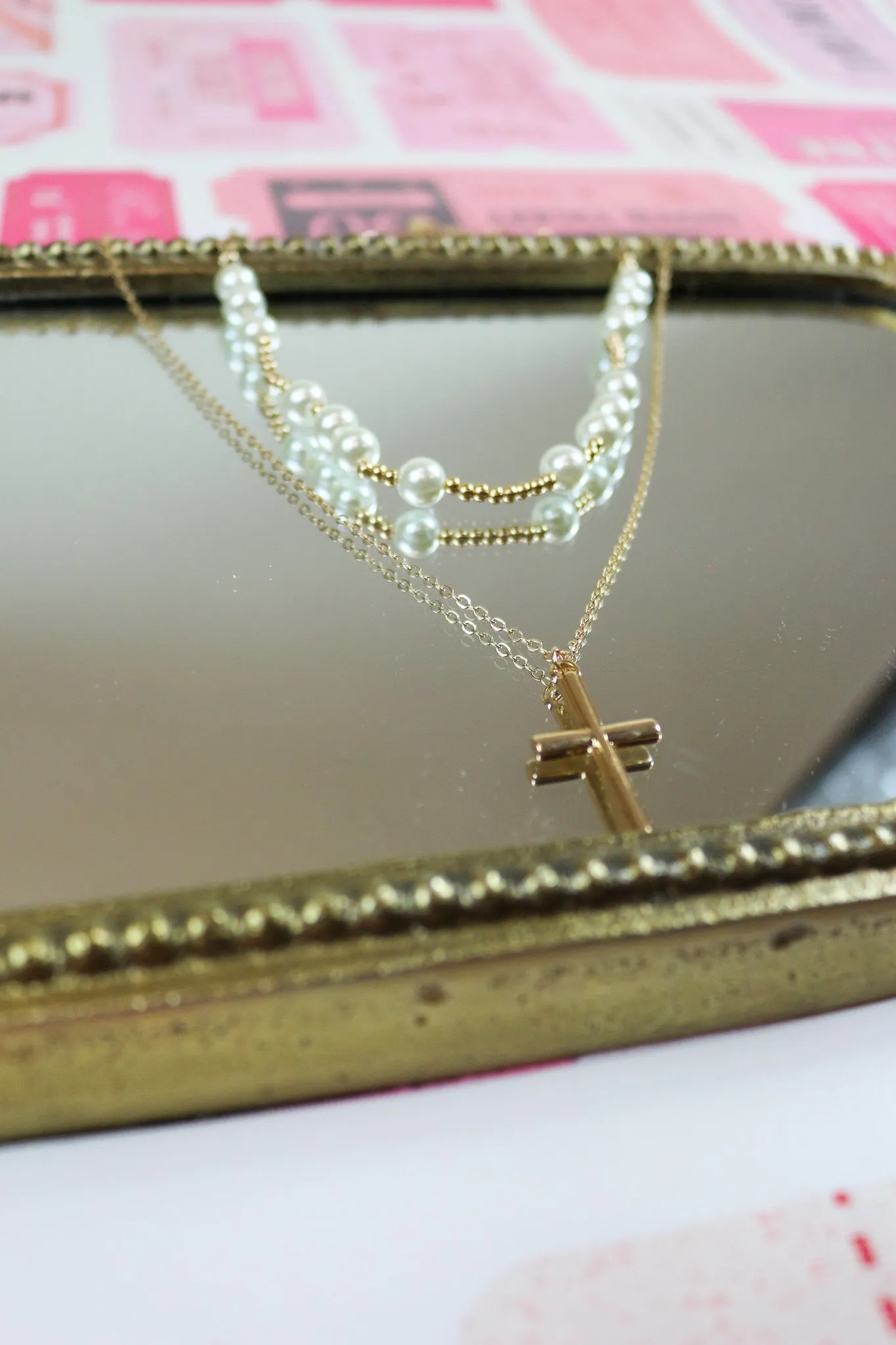 Gold & Pearl Beaded Layered Cross Necklace