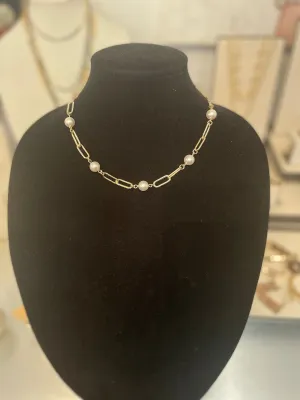 Gold Chain Link and Pearl Necklace