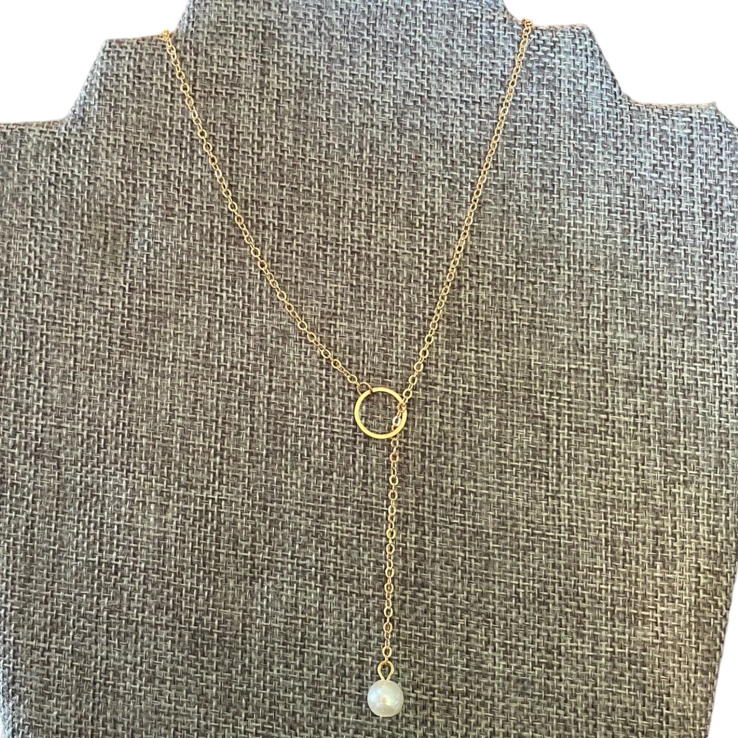 Gold Circle & Pearl Lariat Necklace NEW