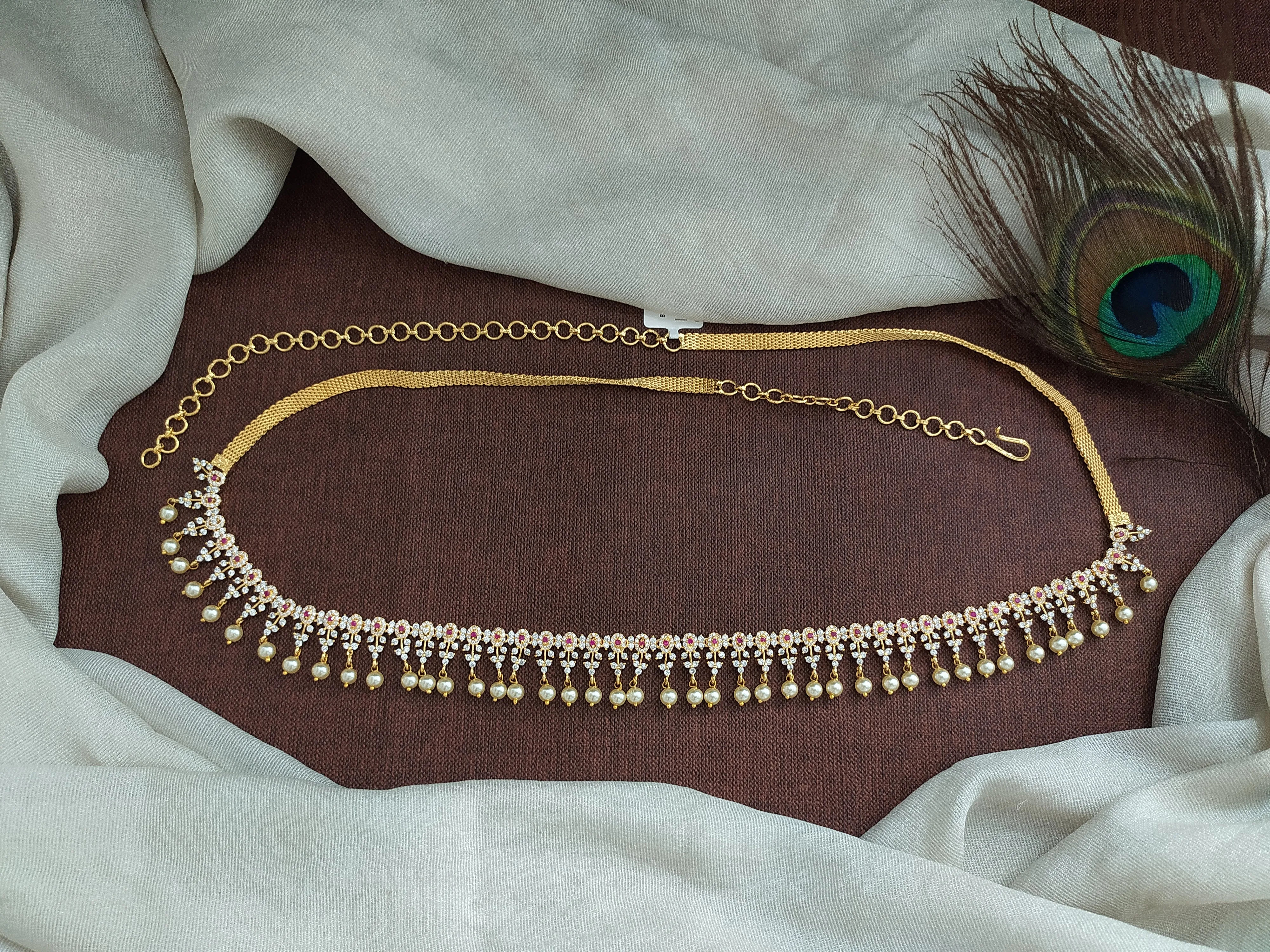 Gold-Plated Zircon Hip Chain with Pearl Drops – Full White with Red Zircon Accents