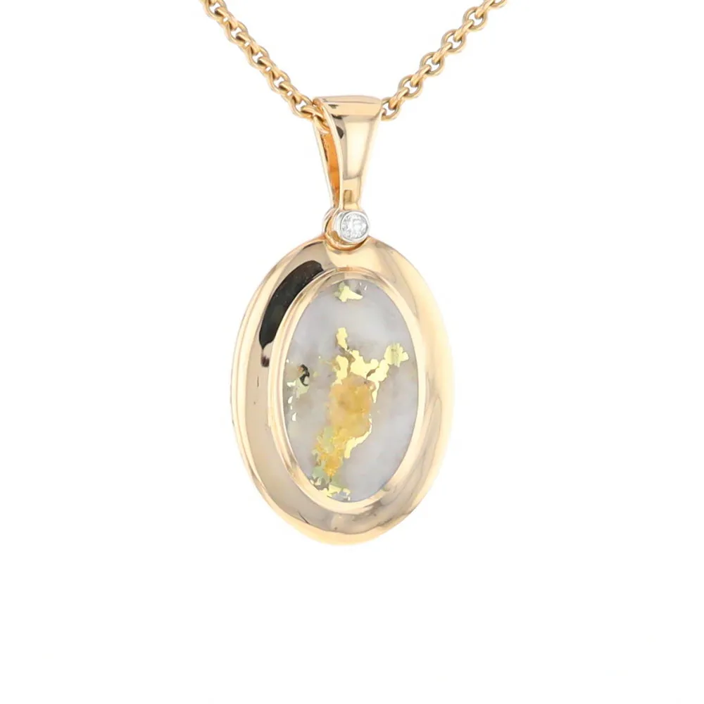 Gold Quartz Necklace Oval Inlaid Pendant with a .02ct Diamond