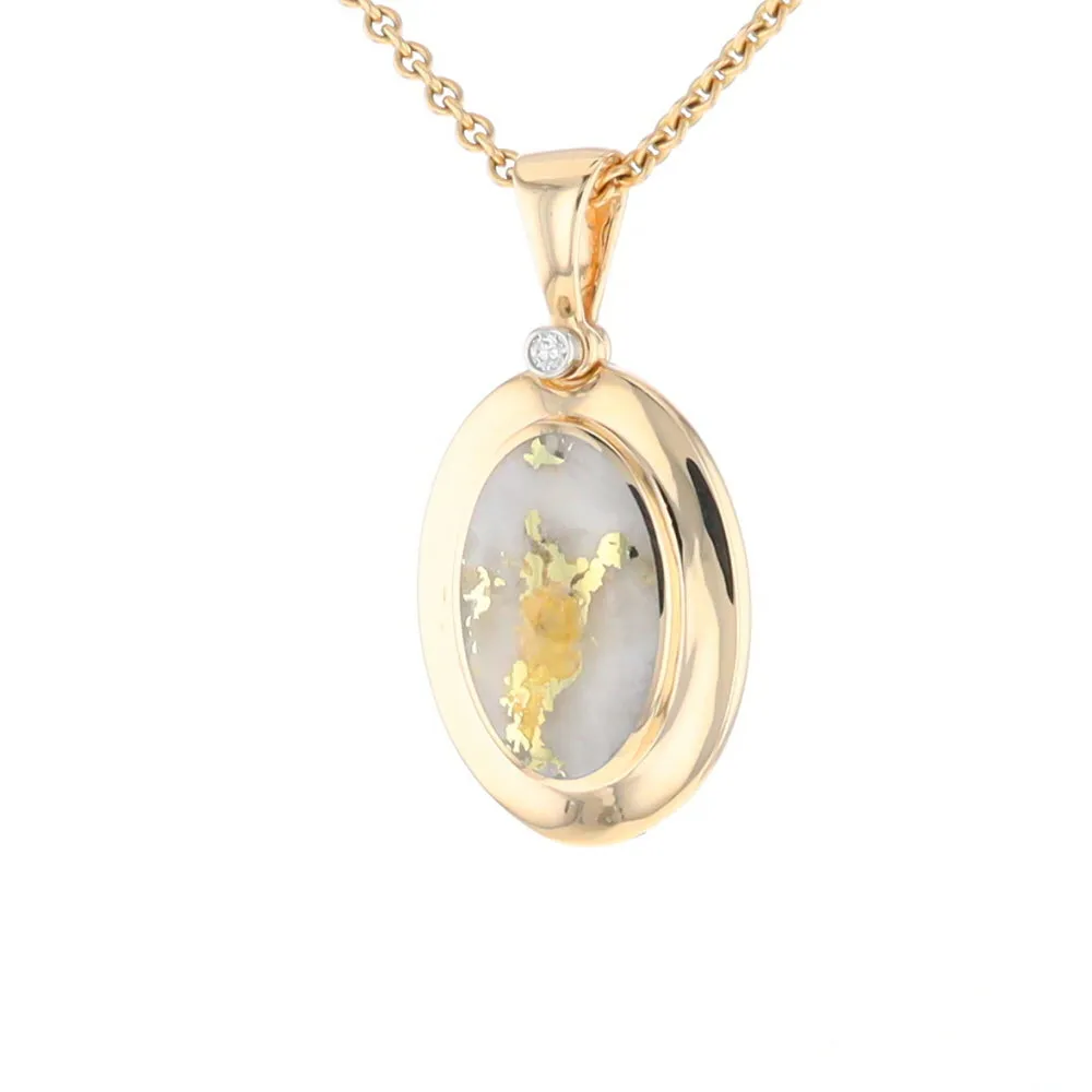 Gold Quartz Necklace Oval Inlaid Pendant with a .02ct Diamond