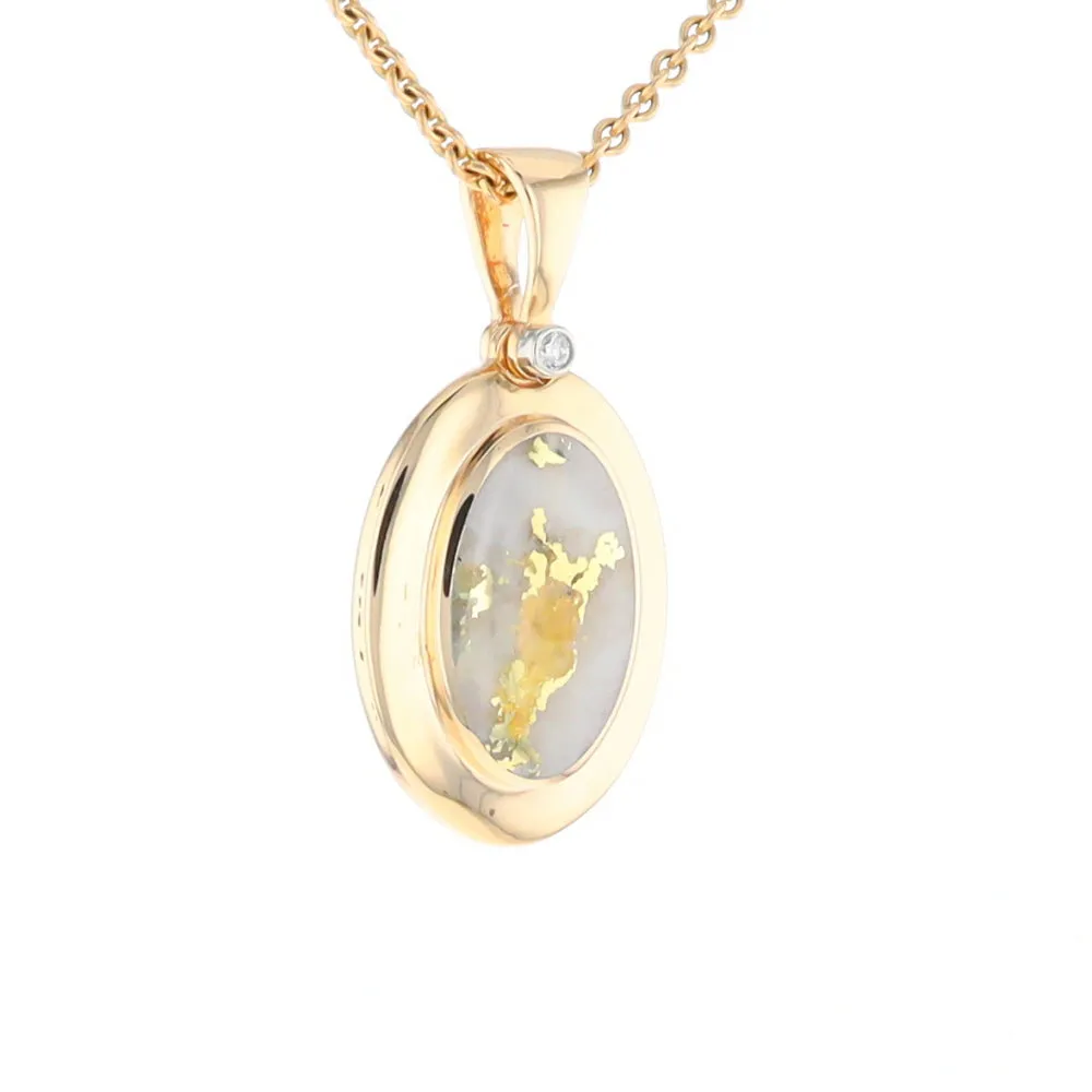 Gold Quartz Necklace Oval Inlaid Pendant with a .02ct Diamond