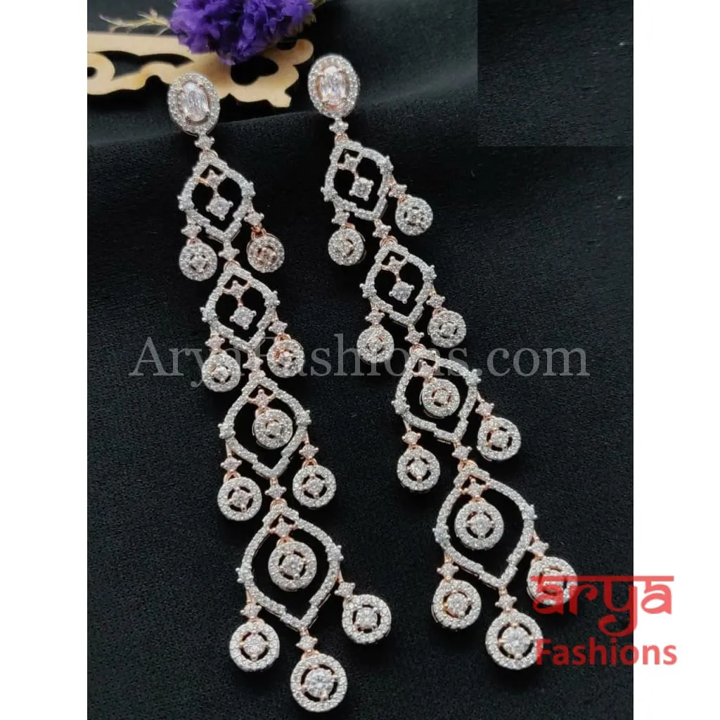 Golden Silver CZ Long Designer Cocktail Earrings