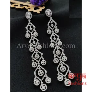 Golden Silver CZ Long Designer Cocktail Earrings