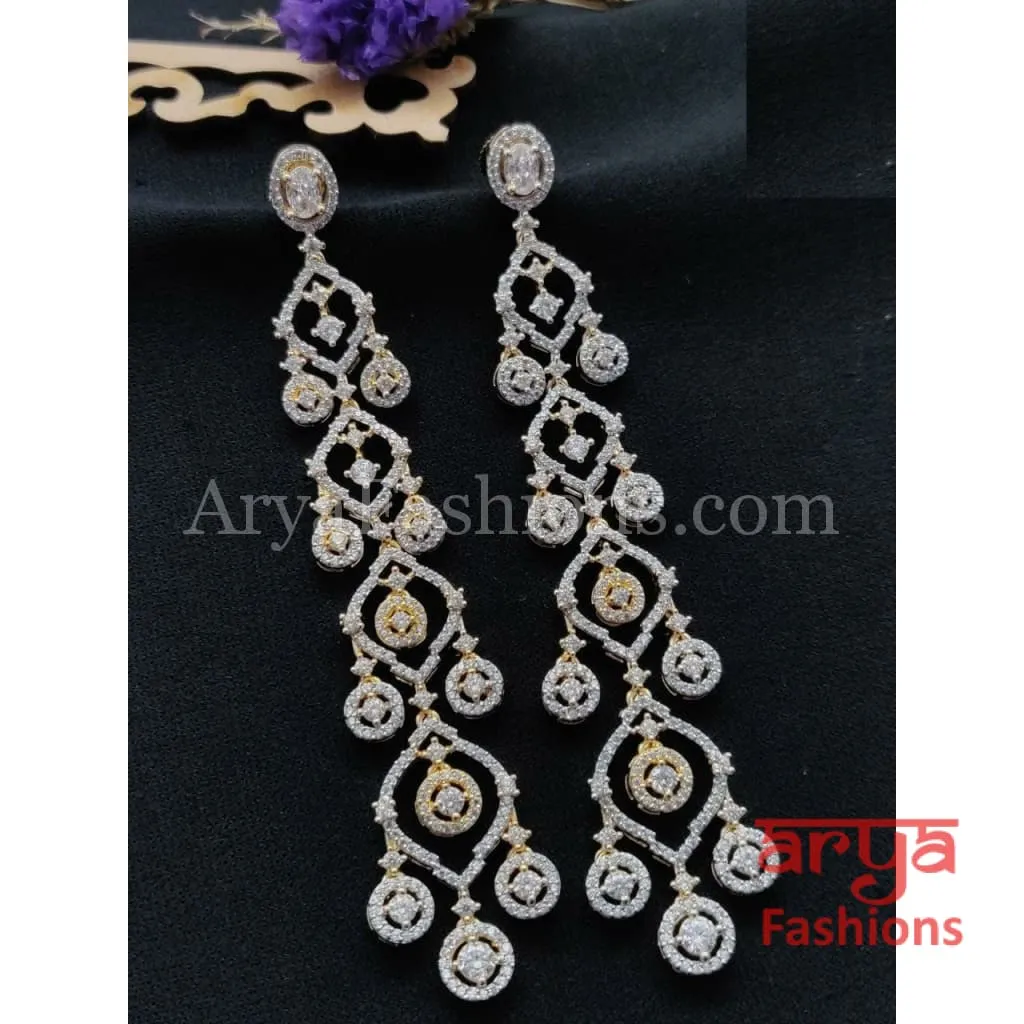 Golden Silver CZ Long Designer Cocktail Earrings