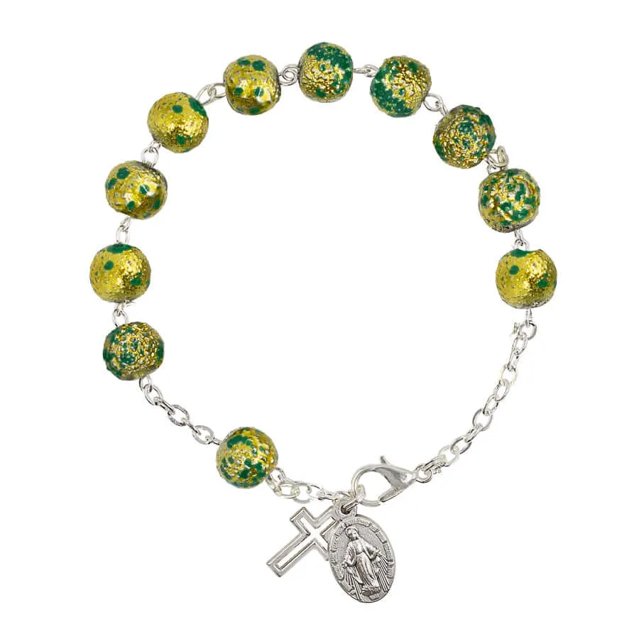 GREEN AND GOLD ROSARY BRACELET - GLASS AND METAL