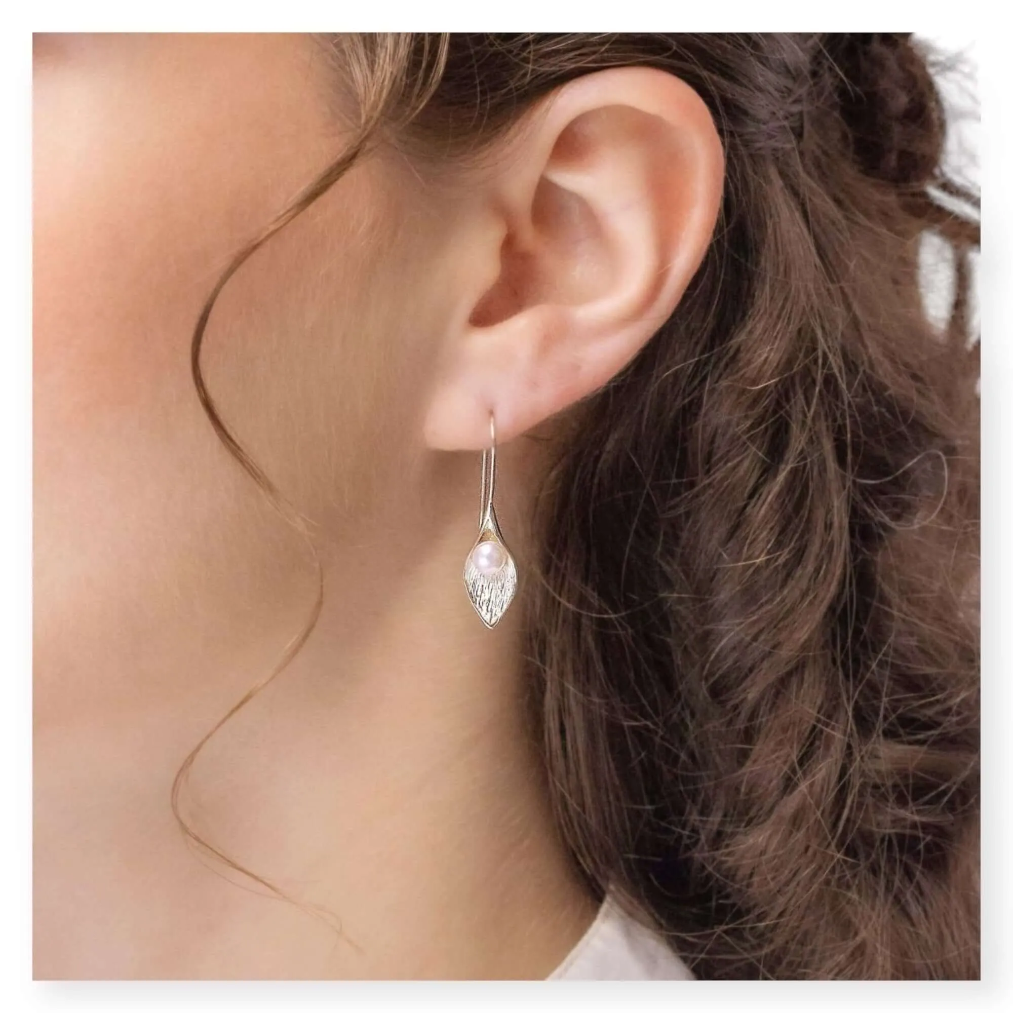 Hand Crafted Calla Lily in Sterling Silver & Freshwater Pearl Earrings