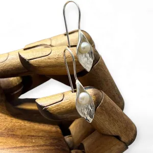 Hand Crafted Calla Lily in Sterling Silver & Freshwater Pearl Earrings