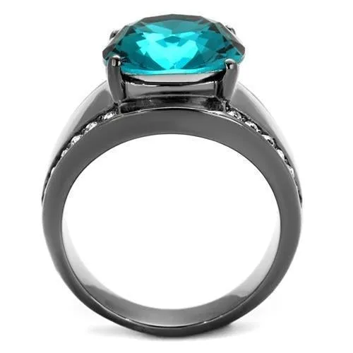 IP Light Black (IP Gun) Stainless Steel Ring with Top Grade Crystal in Blue Zircon for Women Style TK2678