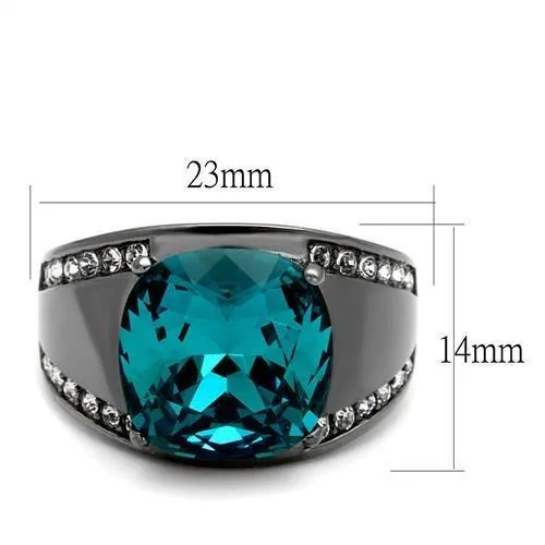 IP Light Black (IP Gun) Stainless Steel Ring with Top Grade Crystal in Blue Zircon for Women Style TK2678